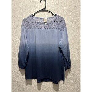 Chico’s 2 Large Blue Ombre Lace Neck Top Blouse 3/4 Sleeves Cotton Modal Coastal